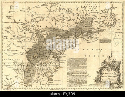 Mappa di Nord Americano e britannico insediamenti francese Foto Stock