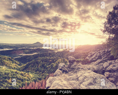 Estate brumoso paesaggio. La mattina presto in un bellissimo paesaggio collinare di Bohemian-Saxony svizzera. Cime delle colline è aumentata dal pesante nebbia cremosa Foto Stock