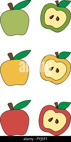 Set di mele multicolore rosso verde giallo. Semplice illustrazione per bambini, logo design. Le mele di taglio. Illustrazione Vettoriale