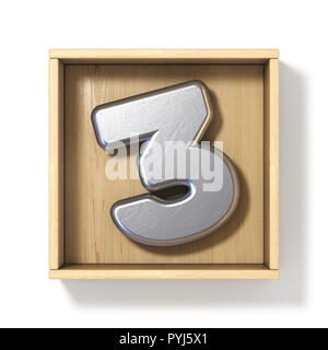 Argento metallico numero 3 tre in una scatola di legno 3D render illustrazione isolati su sfondo bianco Foto Stock