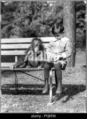 Ragazzo seduto con Orango Tango su banco presso lo Zoo Nazionale di Washington, D.C. ca. 1909-1932 Foto Stock