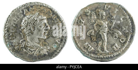 Antica Romana denario argento medaglia dell'Imperatore Elagabalus. Foto Stock