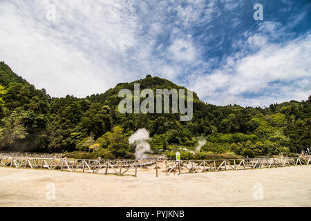 Fumarolas da Lagoa das Furnas, hot springs, isola Sao Miguel, Azzorre, Portogallo Foto Stock