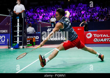 Stade Pierre de Coubertin, Parigi, Francia. 26 ott 2018. Kento Momota (JPN), Ottobre 26, 2018 - Badminton : Overgrip Yonex French Open 2018 Uomini Singoli Quarti di finale a Stade Pierre de Coubertin, Parigi, Francia. Credito: D.Nakashima/AFLO/Alamy Live News Foto Stock