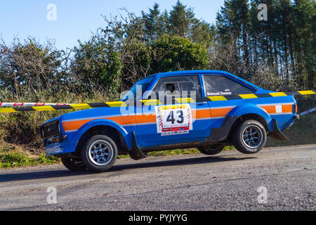 Bantry, West Cork, Irlanda, 28 ottobre 2018. Un bel giorno chiaro ha salutato l'inizio del 2018 Fastnet Rally di oggi, permettendo ai piloti di effettuare la maggior parte delle condizioni di asciutto mentre racing su colpi di scena e svolte delle strade di campagna intorno a Ballydehob e Bantry.Michael O' Sullivan e Mairead Duane nel MK2 Ford Escort volare attraverso la stazione 16 con ruote di strada. Credito: aphperspective/Alamy Live News Foto Stock