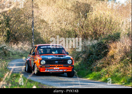 Ballydehob, West Cork, Irlanda. Come il sole tramonta su un altro Fastnet Rally, Denis Hickey e Sean Nolan negoziare una curva nella loro Ford Escort Mk2 durante una tappa del Rally di Fastnet 2018 organizzato da Skibbereen Car Club. Credito: Andy Gibson/Alamy Live News. Foto Stock