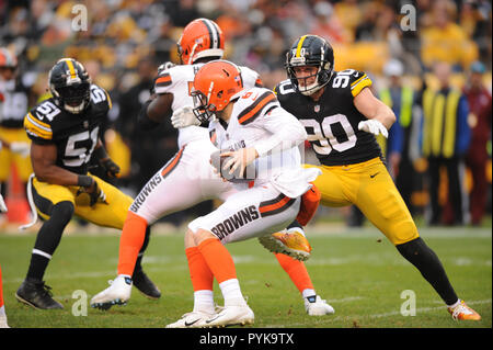 Ottobre 28th, 2018: Browns #6 Baker Mayfield durante il Pittsburgh Steelers vs Cleveland Browns gioco all'Heinz Field di Pittsburgh, PA. Jason Pohuski/CSM Foto Stock