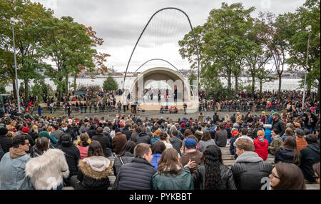 New York, STATI UNITI D'AMERICA,28 ottobre 2018. Persone si affollano l'East River Park anfiteatro per guardare la ventottesima annuale di Tompkins Square cane Halloween Parade di New York City. Credito: Enrique Shore/Alamy Live News Foto Stock