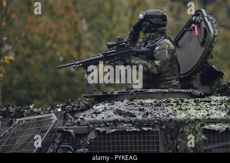 Praga, Repubblica Ceca. 28 ott 2018. Parata militare in occasione del centesimo anniversario della Cecoslovacchia la costituzione, al quale hanno partecipato il Presidente ceco Zeman e U.S. Il Segretario della Difesa James Mattis, ha avuto luogo sulla strada europeo a Praga, nella Repubblica ceca il 28 ottobre 2018. Credito: Radek Petrasek/CTK foto/Alamy Live News Foto Stock
