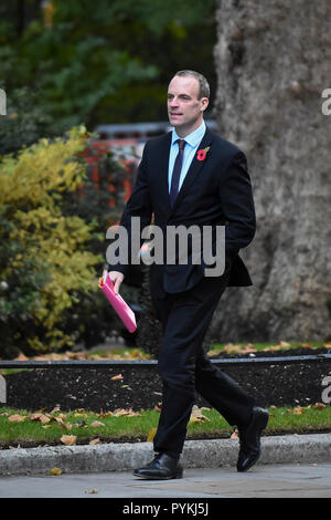Londra, Regno Unito. Il 29 ottobre 2018. Dominic Rabb arriva per una riunione del gabinetto in 10 Downing Street davanti a Philip Hammond, Cancelliere dello Scacchiere, presentando il suo bilancio d'autunno. Credito: Stephen Chung / Alamy Live News Foto Stock