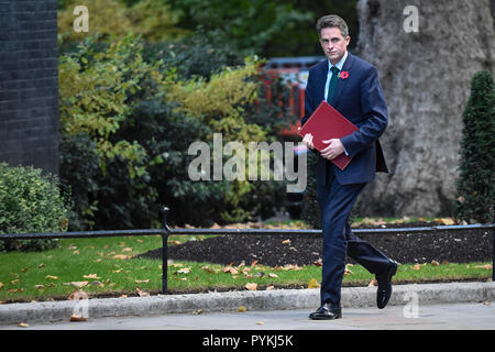 Londra, Regno Unito. Il 29 ottobre 2018. Gavin Williamson arriva per una riunione del gabinetto in 10 Downing Street davanti a Philip Hammond, Cancelliere dello Scacchiere, presentando il suo bilancio d'autunno. Credito: Stephen Chung / Alamy Live News Foto Stock