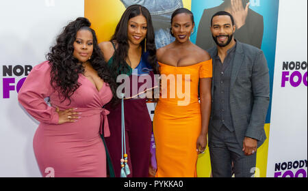 New York, Stati Uniti d'America. 28 ottobre, 2018. Amber Riley, Tiffany Haddish, Tika Sumpter e Omari Hardwick frequentare la prima mondiale di "Nessuno il fool' al AMC Lincoln Square a New York City il 28 ottobre 2018. Credito: Jeremy Burke/Alamy Live News Foto Stock