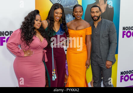 New York, Stati Uniti d'America. 28 ottobre, 2018. Amber Riley, Tiffany Haddish, Tika Sumpter e Omari Hardwick frequentare la prima mondiale di "Nessuno il fool' al AMC Lincoln Square a New York City il 28 ottobre 2018. Credito: Jeremy Burke/Alamy Live News Foto Stock