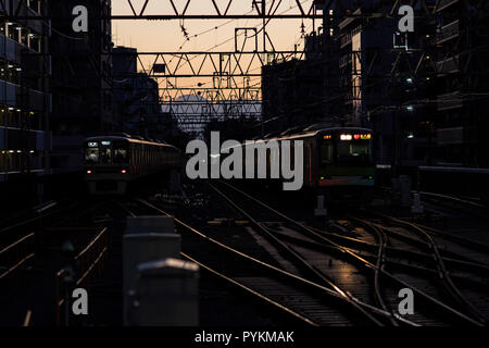 Mt.Fuji e Keio treno linea di sera, vista dalla stazione Sasazuka, Shibuya-Ku Tokyo, Giappone Foto Stock