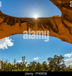Arco di uranio in vista di Moab con sun sky e piante Foto Stock
