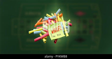 Banconote decorate su un tavolo. Concetto vincita al lotto e buona fortuna. Foto Stock