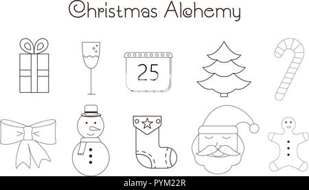 Linea sottile icone del tempo di Natale e X-mas elementi. Alchimia di natale. Raccolta lineare. Illustrazione Vettoriale