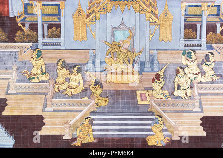 Tailandese tradizionale pittura (Art Wall) del Ramayana la storia in grand palace di Bangkok in Thailandia Foto Stock