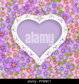 Cornice originale in forma di cuore con un bouquet di fiori di gigli. Una illustrazione di vettore per i biglietti di invito, banner, modelli e altri purp Illustrazione Vettoriale