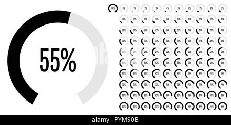 Set di settore circolare percentuale diagrammi da 0 a 100 pronto per l'uso per il web design, l'interfaccia utente (UI) o una infografica - indicatore di nero Illustrazione Vettoriale