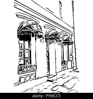 Street cafe in schizzo digitale stile. Illustrazione Vettoriale. Illustrazione Vettoriale
