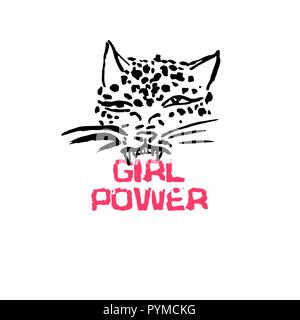 Leopard grunge stampa. Illustrazione Vettoriale di gatto selvatico di testa. Lettering moderno. Girl power. Illustrazione Vettoriale