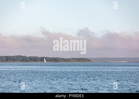 Una sola barca vela vela in Sag Harbor Bay con Shelter Island in background Foto Stock