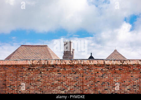 Muro di mattoni con i tetti degli edifici sull'altro lato Foto Stock