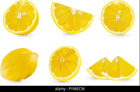 Vettore 3D realistici fette di limone. Isolato spicchi di limone su bianco backgrpund. Metà di agrumi. Illustrazione Vettoriale