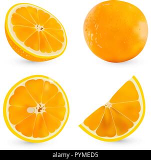 Set di vettore realistico tutta arancione e mezza arancia isolati su sfondo bianco. Illustrazione Vettoriale