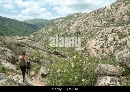 La Pedriza, Spagna. Trekker giovane passeggiate attraverso il paesaggio di primavera di granito lava formazioni simili. Foto Stock