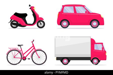 Veicoli diversi, set. Auto, moto, biciclette, scooter, ciclomotore Trasporto con autocarro icone illustrazione vettoriale in stile piatto Illustrazione Vettoriale