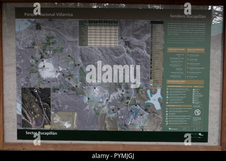 Una mappa di Villarrica National Parque - Parque Nacional Villarrica in Pucon, Cile, America del Sud. Foto Stock