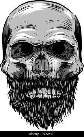 Illustrazione monocromatica di hipster cranio con i baffi e barba. Illustrazione Vettoriale