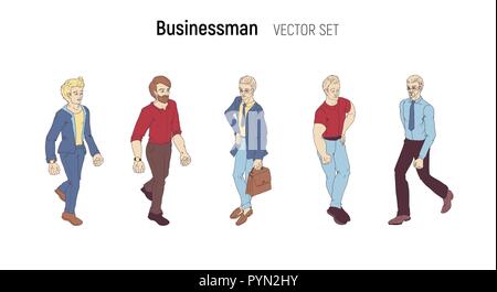 Cartoon illustrazione di un bel giovane imprenditore in pose diverse. Illustrazione Vettoriale