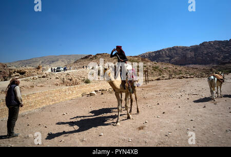 Bedouin uomini e ragazzi tendono i loro asini e cavalli e cammelli per offrire gite ai turisti in Petra parco archeologico, in Giordania Ottobre 29, 2018 Foto Stock