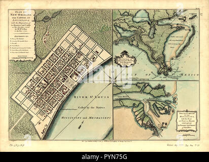 Vintage / mappe antiche mappe - Piano di New Orleans la capitale della Louisiana; con la disposizione dei suoi quarti e canali come esse sono state tracciate dal sig. de la Tour nell'anno 1720 (pubblicato 1759) Foto Stock