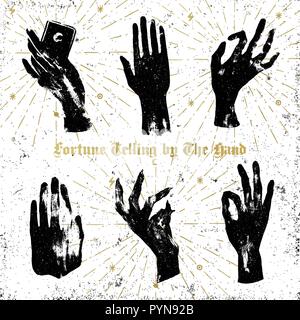 Disegnata a mano impostare delle streghe femmina mani in diverse pose. Tatuaggio, adesivo, patch o stampa poster design. Illustrazione Vettoriale, nero su bianco a trama Illustrazione Vettoriale