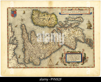Abraham Ortelius - primo atlante mondiale ca. 1570 - Anglia. Scotia. Hibernia Foto Stock
