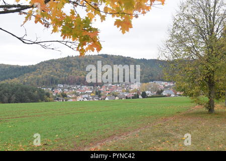 Autunno in Reimsbach nell'anno 2018 visto dalla direzione sud-ovest verso la città. Herbst in Reimsbach in dem Jahr 2018. Foto Stock