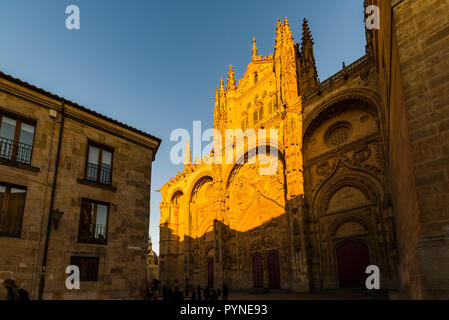 Facciata principale della nuova Cattedrale. La nuova Cattedrale è, insieme con la vecchia cattedrale, una delle due Cattedrali di Salamanca, Castilla y Leon, Spai Foto Stock