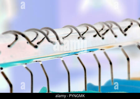 Il colore è cambiato in rappresentanza delle staffe di fronte a colori pastello sfondo, aspetto astratto e colorato di appendini su un bastone appendiabiti Foto Stock