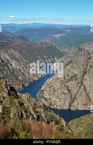 Valle del río Sil vista dal Mirador de Cabezoás. Vicino a Parada de Sil, Galizia, Spagna. Foto Stock