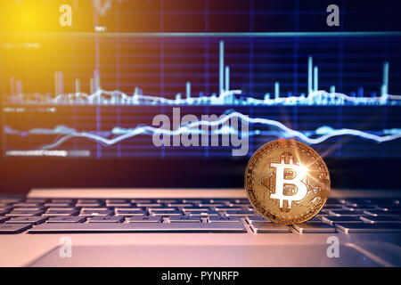 Moneta Bitcoin con blockchain concetto sulla tastiera del notebook con moneta e tabelle e grafici Foto Stock