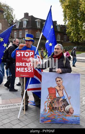 Londra, Regno Unito. 29 ottobre, 2018. Anti Brexit protester Steve Bray uniti Chansonnier Kaya Mar di posare con il suo ritratto del Cancelliere dello Scacchiere Philip Hamond.Bilancio giorno di protesta contro Brexit,Case del Parlamento,Westminster,London.UK Credit: Michael melia/Alamy Live News Foto Stock