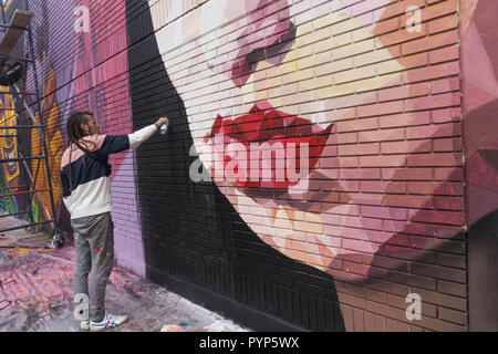 Ottobre 29, 2018 - Un totale di 24 murales possono essere viste sulle pareti di diverse fabbriche nella zona industriale della città di BogotÃƒÂ¡.In questa occasione il murales sarà intervenuta con artisti provenienti da Belgio, Francia, Spagna, Canada, Ecuador e Messico nonché 17 colombiani, tra loro 15 Bogotaians, secondo il distretto, l'investimento supera 200 milioni di pesos.Il tema di questo festival sarà 'BogotÃƒÂ¡: tra l'artificiale e l' umano e in totale 1.500 metri quadrati di pareti saranno dipinti che sono considerate isolate e freddo, come è il caso della zona industriale di Pu Foto Stock