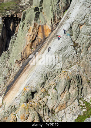 Gli alpinisti sulla faccia di pura e semplice del diavolo è far scorrere la più lunga singola lastra di granito salire in Europa - Lundy Island off Devon UK Foto Stock