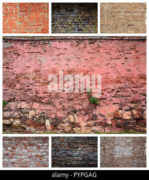 Un collage di tante foto con frammenti di muri di mattoni di diversi colori di close-up. Set di immagini con varietà di muratura Foto Stock