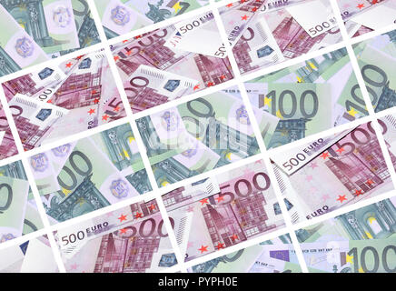 Un collage di molte immagini di centinaia di dollari ed euro bills giacente in una pila Foto Stock