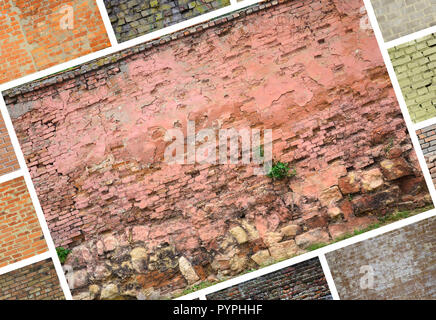 Un collage di tante foto con frammenti di muri di mattoni di diversi colori di close-up. Set di immagini con varietà di muratura Foto Stock